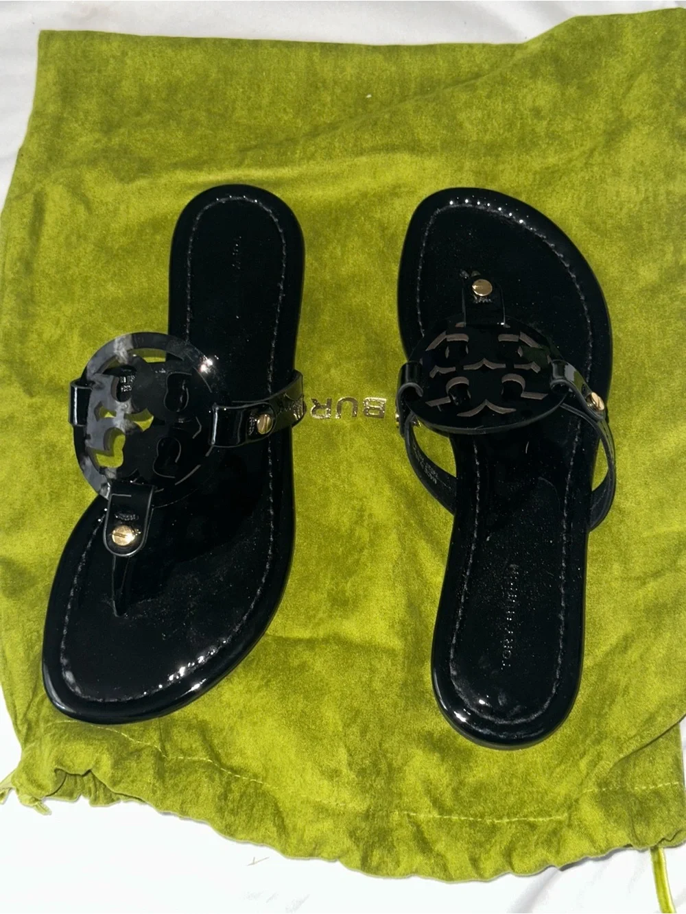 Tory Burch Black Patent Logo Toe-Post Sandals